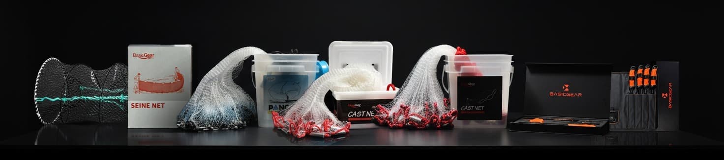 The BasicGear lineup — traps, seine nets, cast nets, pliers, and fillet knives on a dark stage